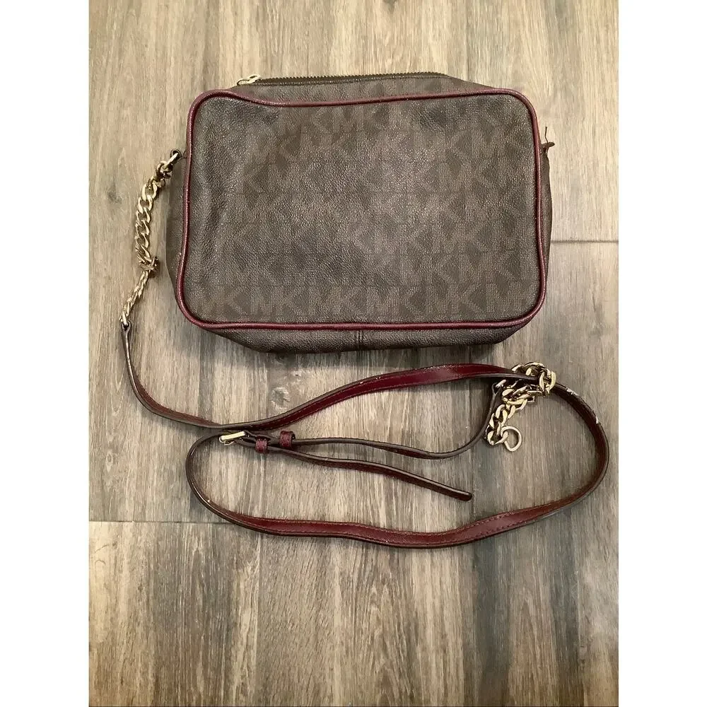 Michael Kors Brown Jet Set MK Signature Monogram Crossbody Bag Designer P8-2
